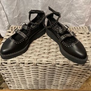 T.U.K. Black TUKskin™ Studded Multi-Strap Pointed Sandal.